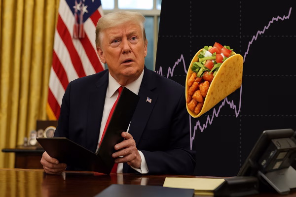 Donald Trump at the Resolute Desk with a taco and stock chart illustrating the concept of the TACO Trade market trend.