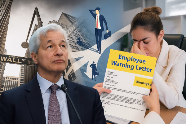 Young financial analyst looking stressed at office desk, symbolizing the impact of Jamie Dimon job hopping policy on Wall Street careers