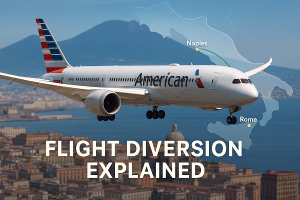 American Airlines 787-9 diversion Naples – Boeing Dreamliner on approach with Naples city backdrop and flight diversion route