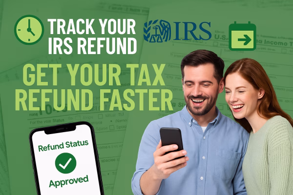 Person using a laptop and smartphone to check IRS tax refund status online, with a calendar and dollar bills symbolizing fast refund processing