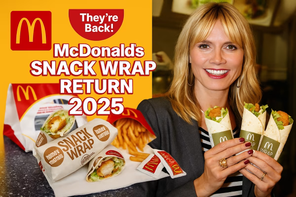 McDonald’s Snack Wrap return 2025 – Spicy and Ranch flavors on a tray with McCrispy Strips, cheddar jack cheese, and lettuce in a tortilla, celebrating the comeback.