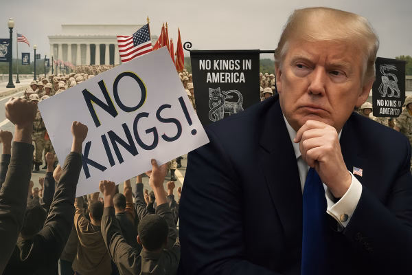 Crowd of protesters holding signs at a No Kings protest rally against Trump’s policies.
