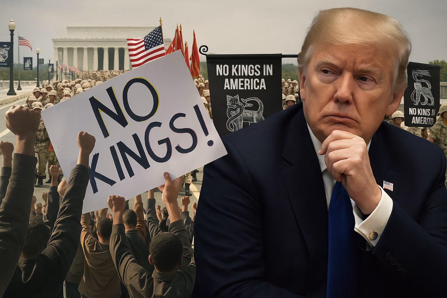 Crowd of protesters holding signs at a No Kings protest rally against Trump’s policies.