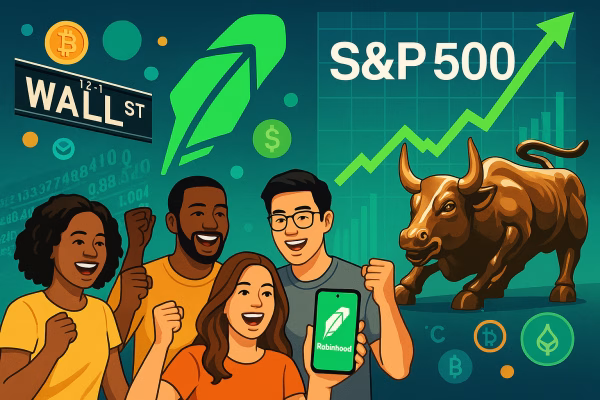 Robinhood S&P 500 inclusion announcement with stock chart showing upward trend and mobile trading app interface