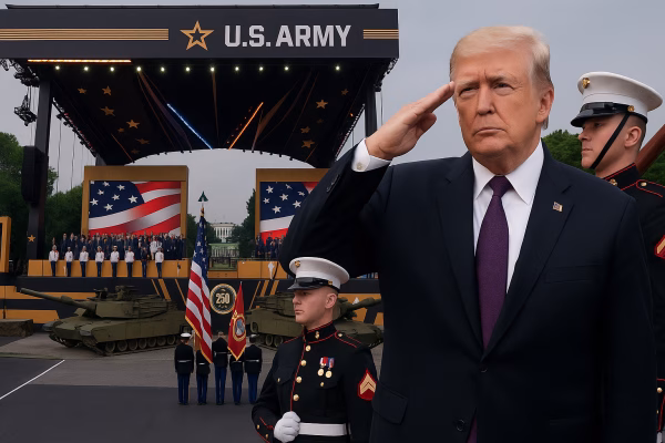 President Donald Trump watching the Trump military parade 2025 with tanks and soldiers marching in Washington, D.C.