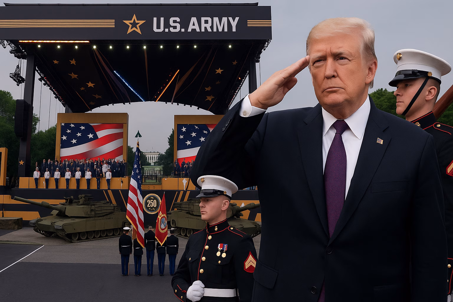 President Donald Trump watching the Trump military parade 2025 with tanks and soldiers marching in Washington, D.C.